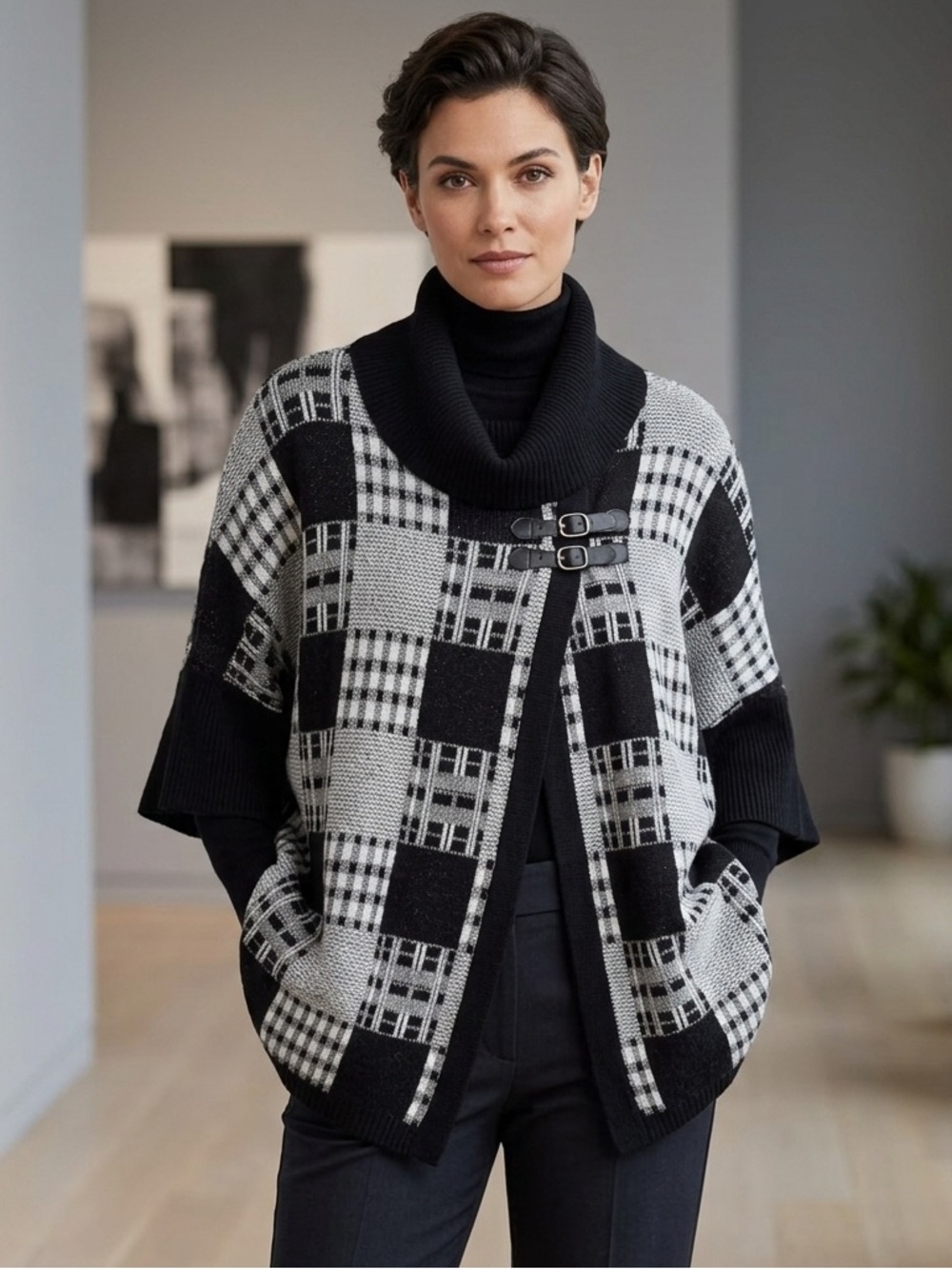 ONYX Black White Plaid Cowl Neck Poncho Sweater Buckle Cape M